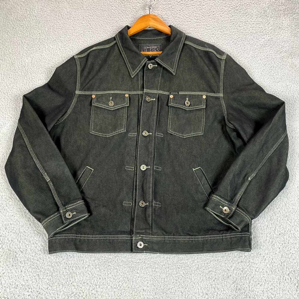 Vtg Guess Jacket Mens Large Black Green Denim Jean‎ Streetwear Boxy Coat 90s